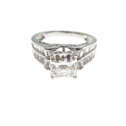 MEDA 925 Sterling Princess & Tapered Baguette-Cut C Z Engagement Ring Size 6.75