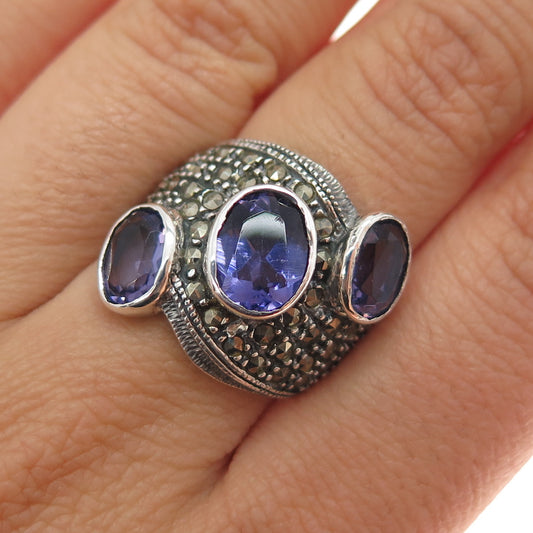 925 Sterling Silver Vintage Real Amethyst & Marcasite Oxidized Ring Size 6.75
