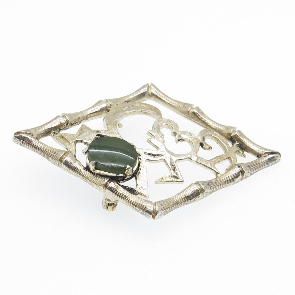 WELLS 925 Sterling Silver Gold Plated Vintage Real Jade Heart Bamboo Pin Brooch