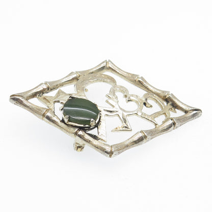 WELLS 925 Sterling Silver Gold Plated Vintage Real Jade Heart Bamboo Pin Brooch