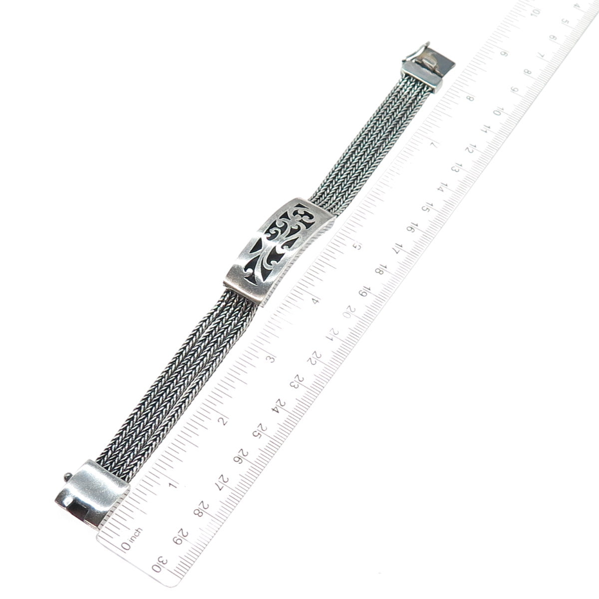 925 Sterling Silver Vintage Floral Scroll Oxidized Spiga Link Bracelet 7.75"