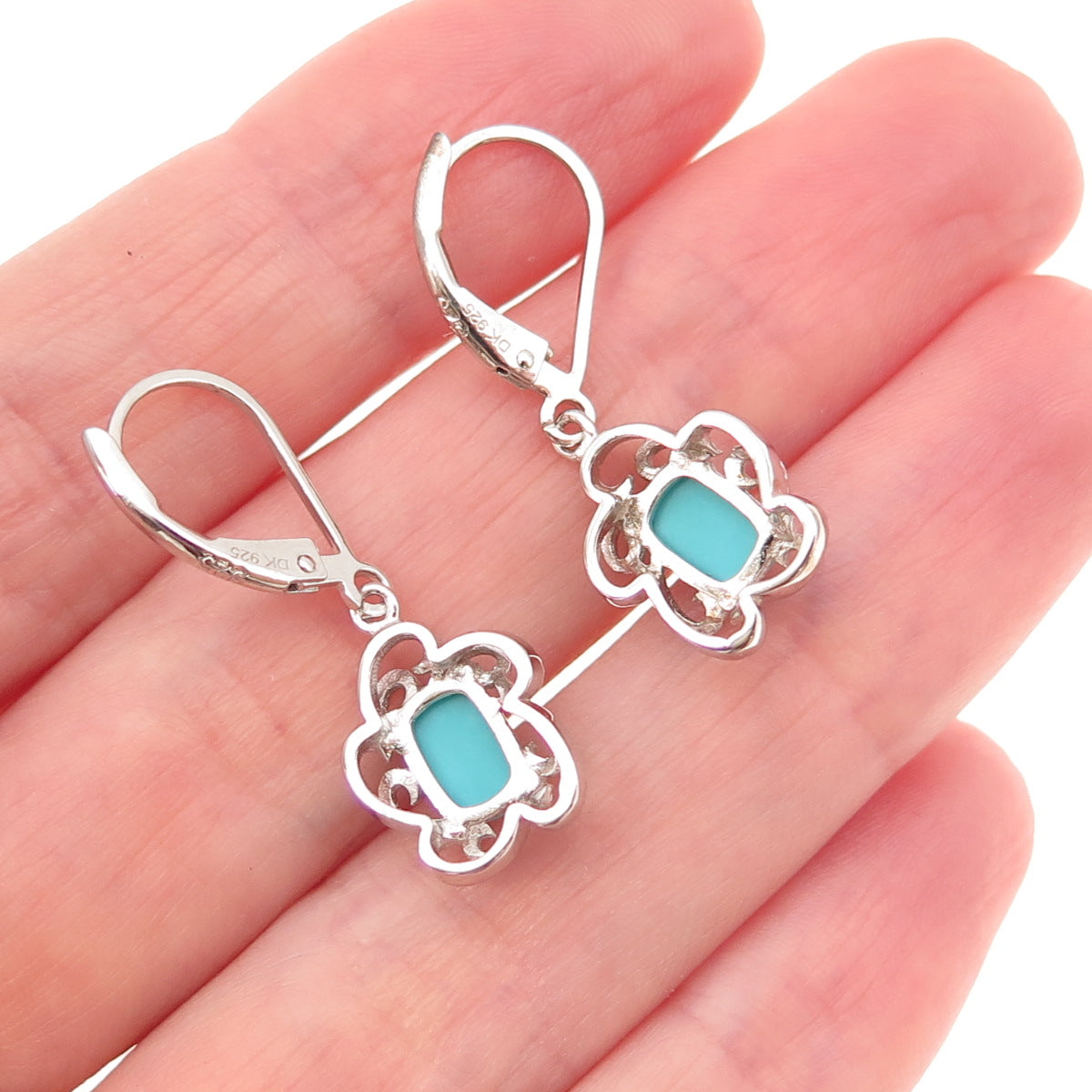 925 Sterling Silver Real Sleeping Beauty Turquoise Floral Dangle Earrings