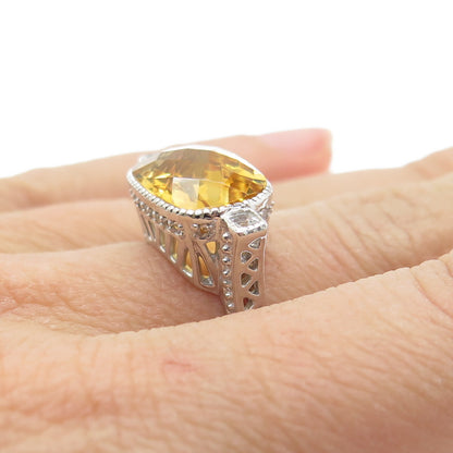 DSMK 925 Sterling Silver Checkered Citrine & White Topaz Gem Dome Ring Size 7.25