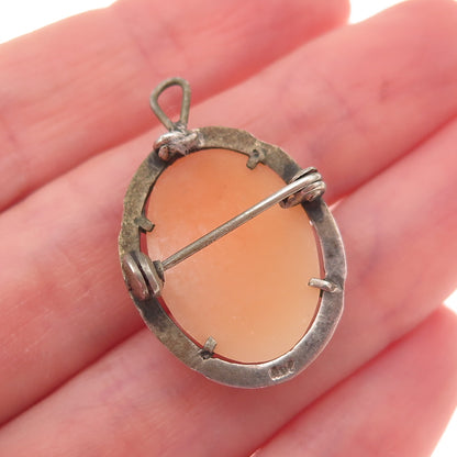800 Silver Antique Real MOP & Marcasite Lady Cameo Brooch Pendant (missing hook)