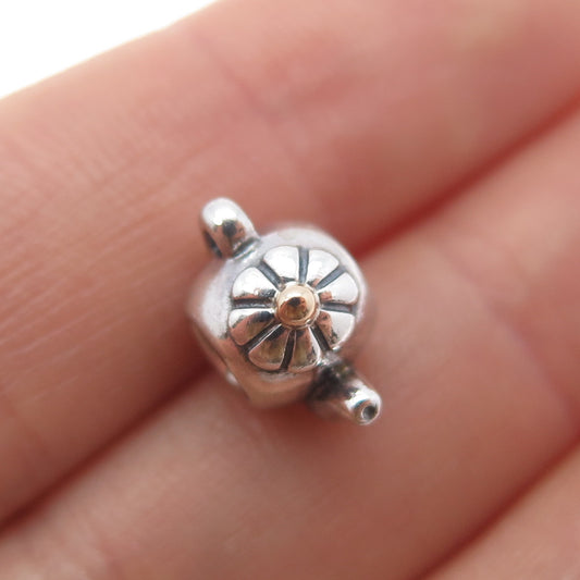 PANDORA 925 Sterling Silver & Gold Teapot Slide Bead Charm