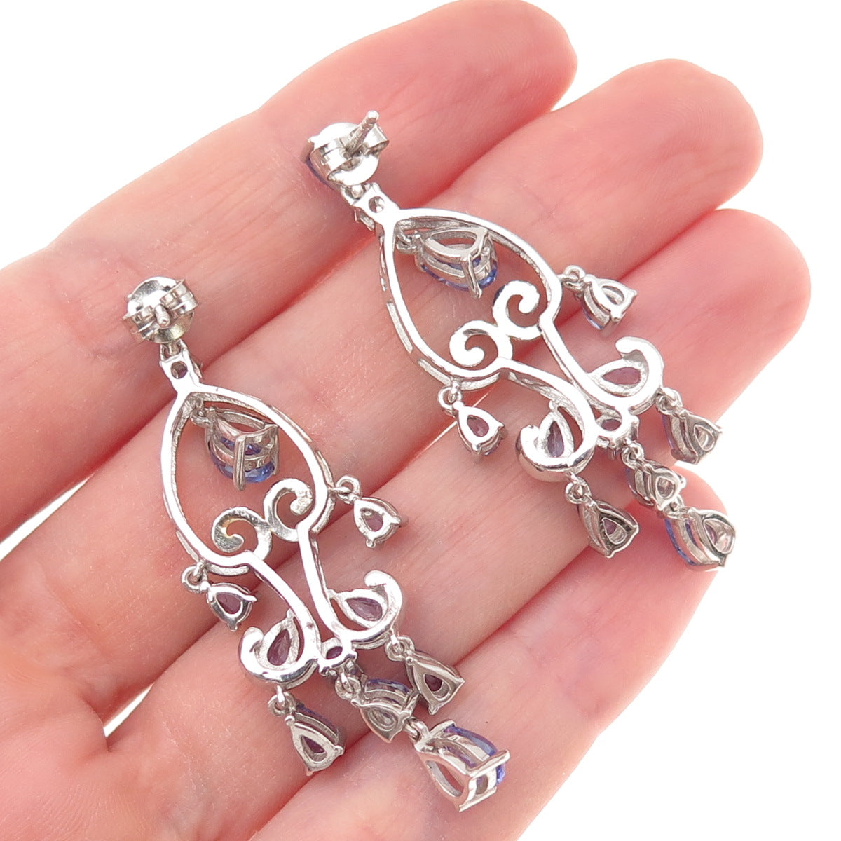 Chuck Clemency 925 Sterling Silver 2-Tone Real Tanzanite Heart Dangle Earrings