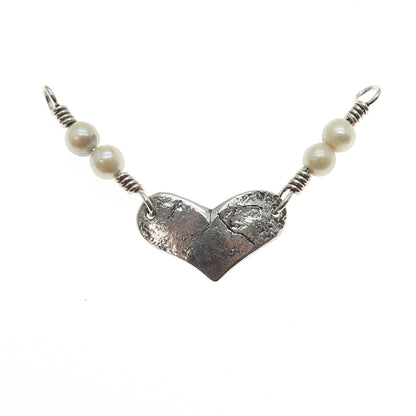 Aniello 925 Sterling Vintage Real Pearl Heart Oxidized Centerpiece Necklace Part