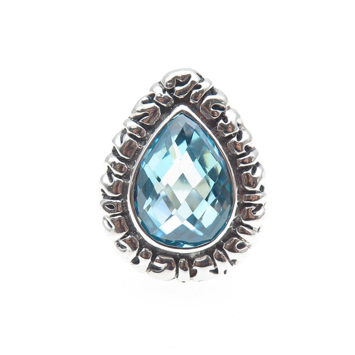 925 Sterling Silver Vintage Pear-Cut Blue C Z Teardrop Oxidized Ring Size 7