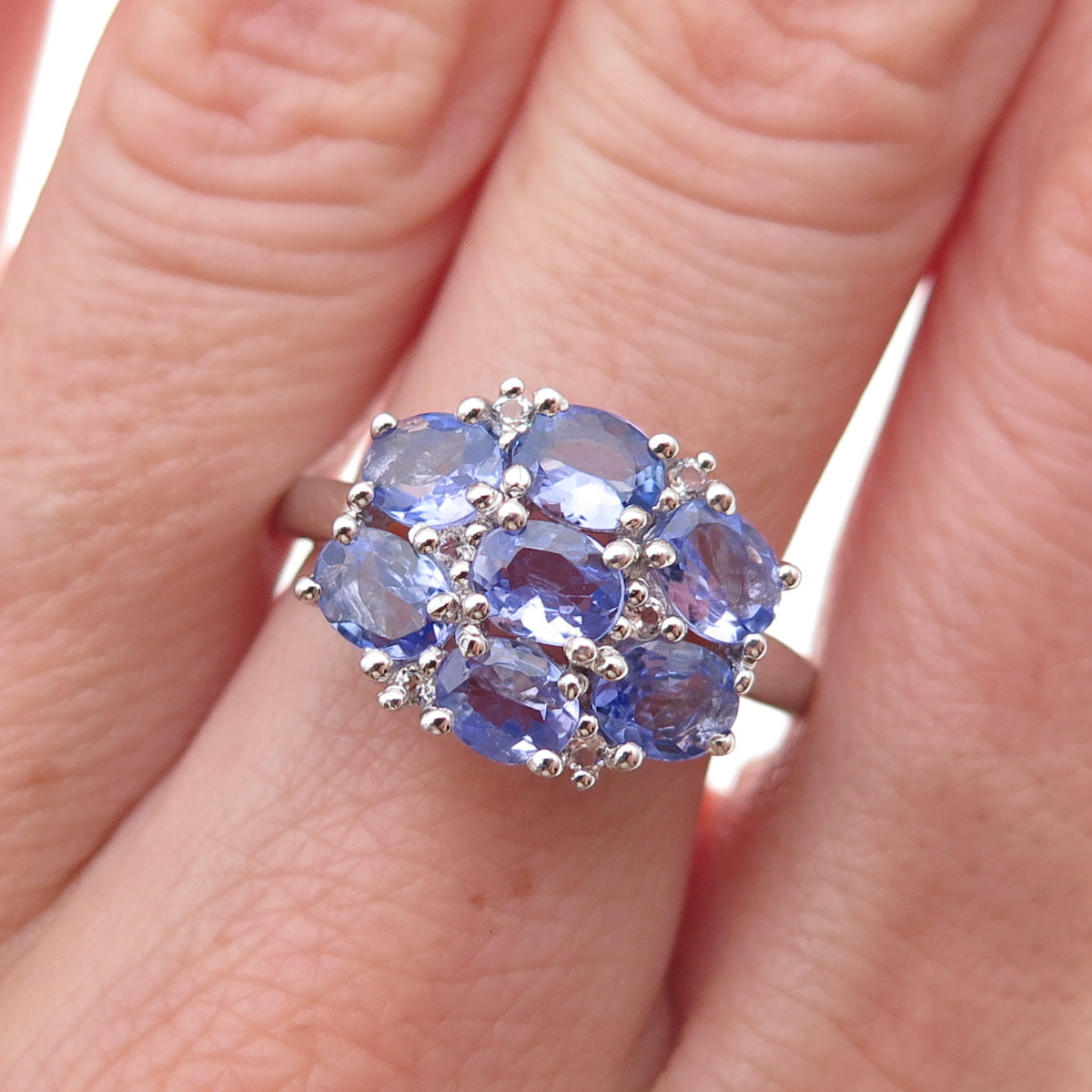 925 Sterling Silver Real Oval-Cut Tanzanite Floral Cluster Ring Size 8
