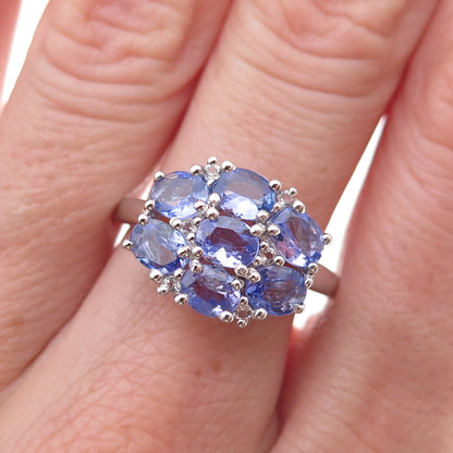 925 Sterling Silver Real Oval-Cut Tanzanite Floral Cluster Ring Size 8