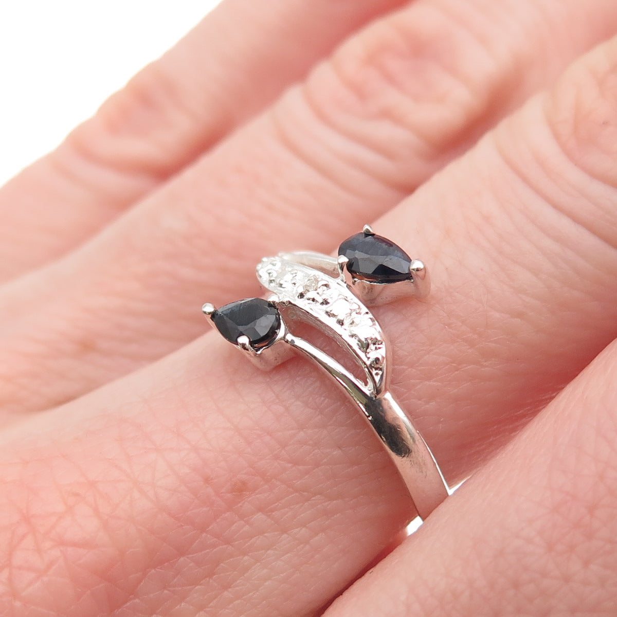 925 Sterling Silver Real Diamond Accent & Sapphire Bypass Ring Size 7
