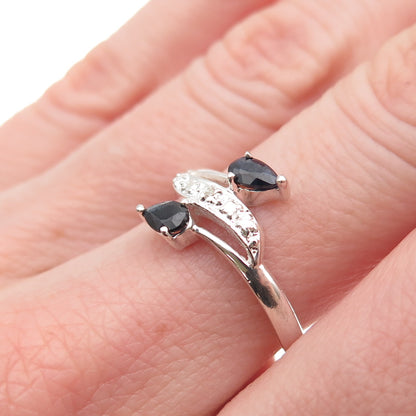 925 Sterling Silver Real Diamond Accent & Sapphire Bypass Ring Size 7