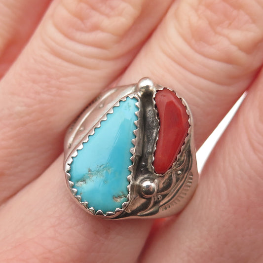 Old Pawn 925 Sterling Silver Vintage Southwestern Turquoise Coral Ring Size 9.5