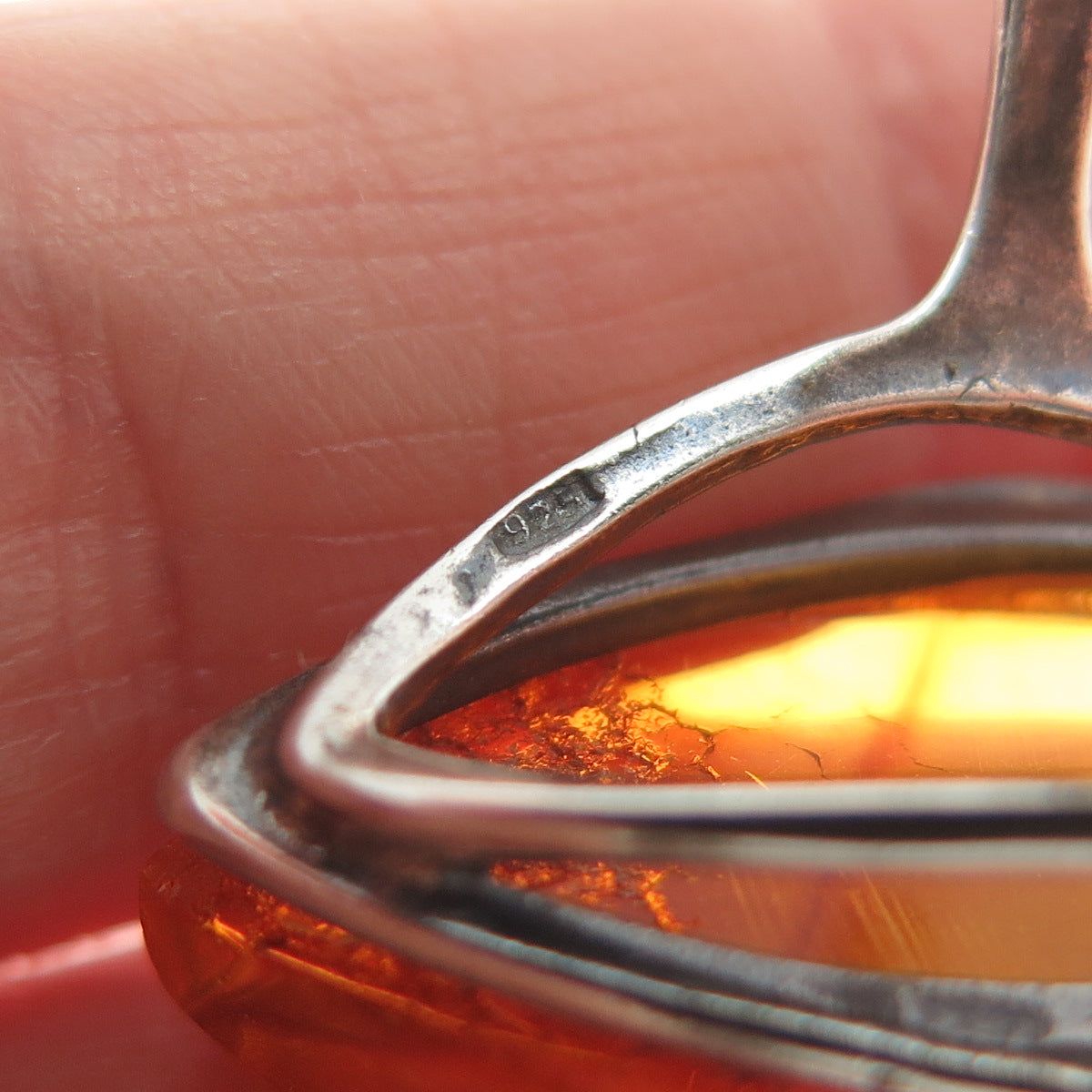 925 Sterling Silver Vintage Real Amber Modernist Adjustable Ring Size 9.75