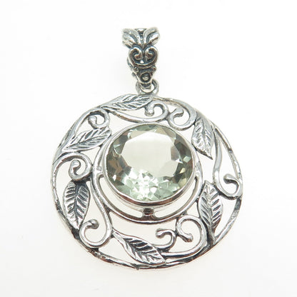 925 Sterling Silver Vintage Real Green Amethyst Gemstone Leaf Pendant