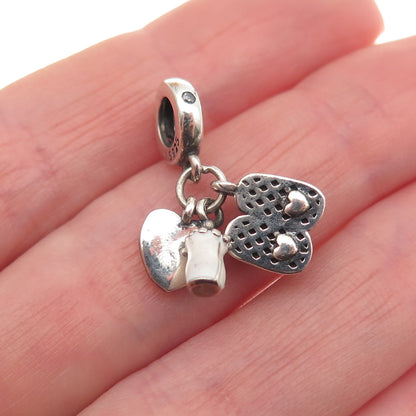 925 Sterling Silver Enamel & C Z Baby Bottle Shoes Dangle Slide Charm