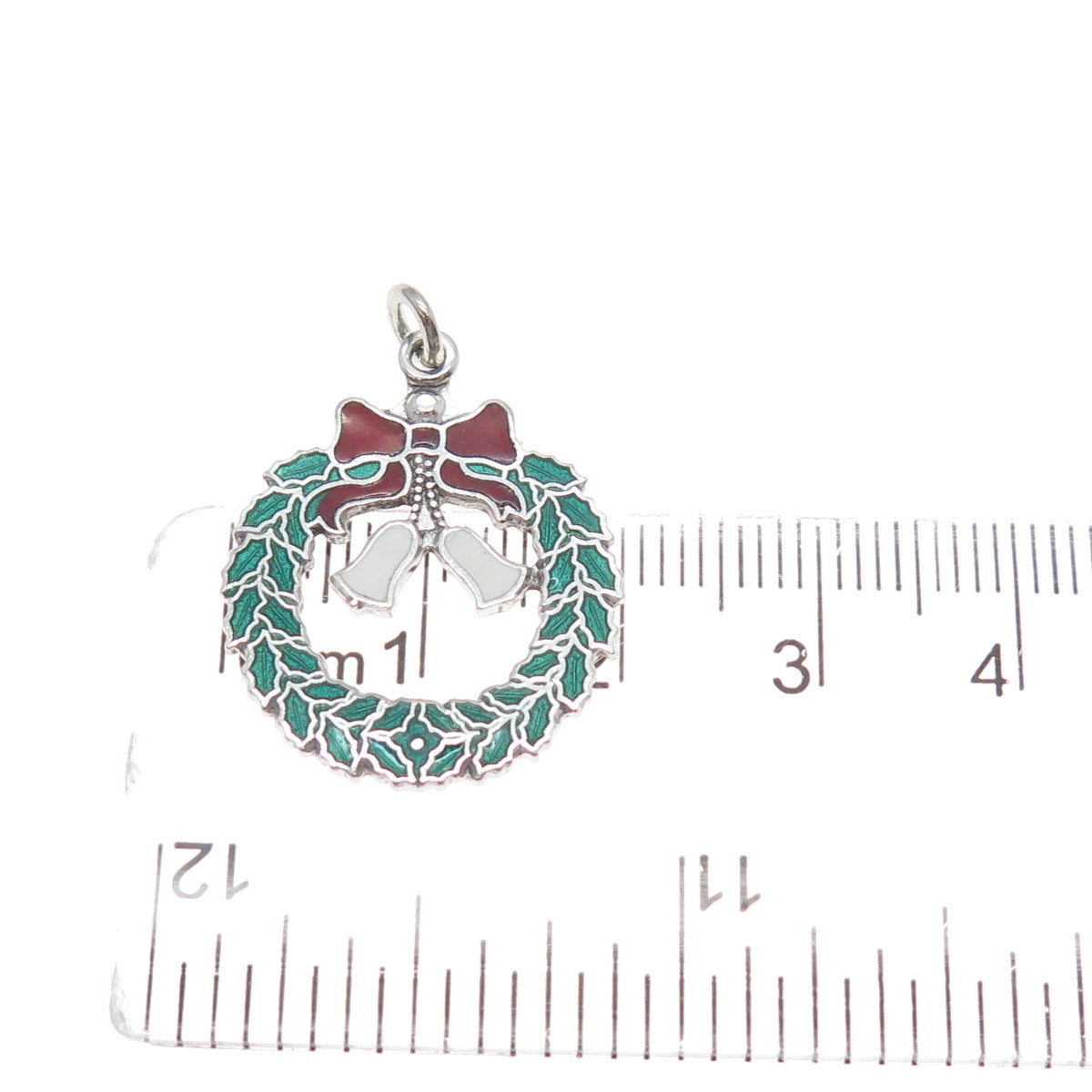 925 Sterling Silver Vintage Enamel Christmas Wreath & Bell Charm Pendant