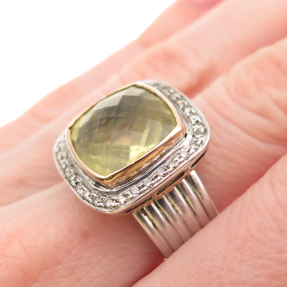 925 Sterling 14K Gold Vintage 1992 Real Diamond & Lemon Quartz Ring Size 7.5