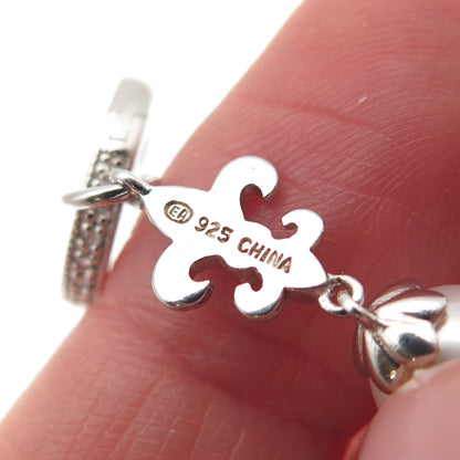 925 Sterling Silver Real Diamond & Pearl Fleur de Lis Charm Hoop Earrings