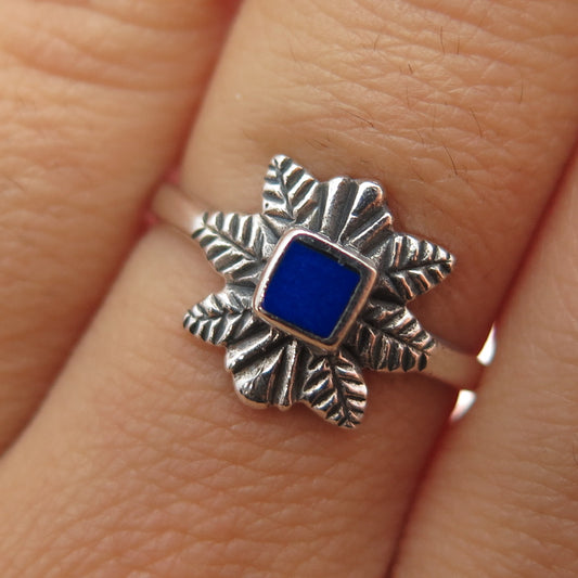 925 Sterling Silver Vintage Real Lapis Lazuli Floral Leaf Oxidized Ring Size 7.5