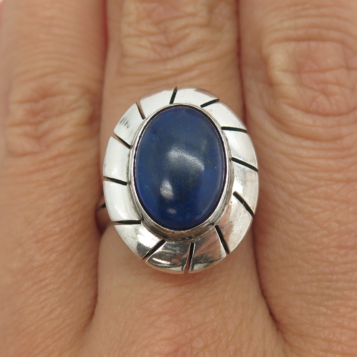 925 Sterling Silver Vintage CII Mexico Real Lapis Lazuli Modernist Ring Size 8