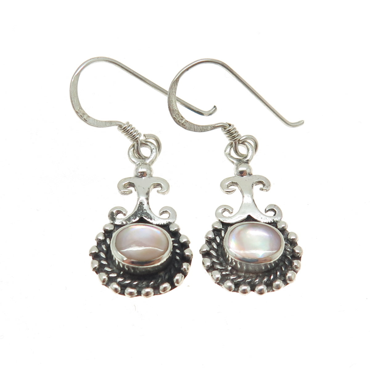 925 Sterling Silver Vintage Real Mother-of-Pearl Boho Dangle Hook Earrings