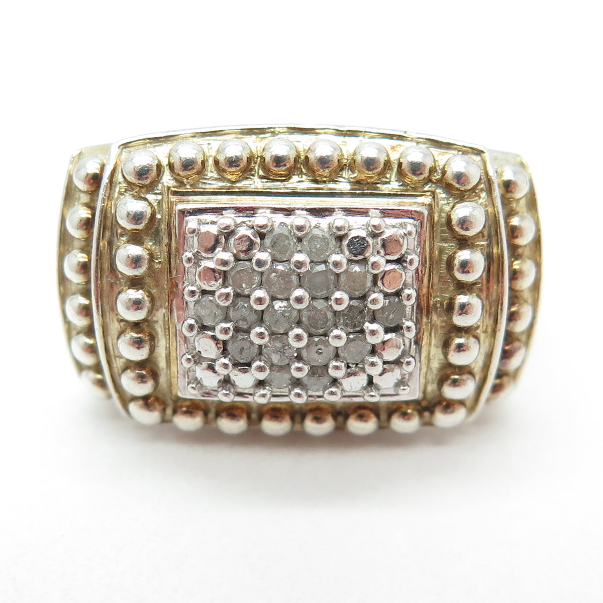 J. STELLA Sterling Silver 2-Tone Real Round-Cut Diamond Beaded Ring Size 6.75