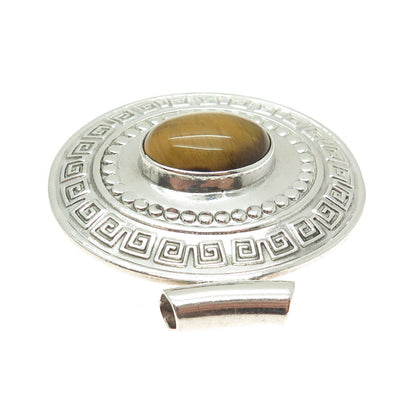 925 Sterling Silver Vintage Mexico Real Tiger Eye Greek Maze Slide Pendant