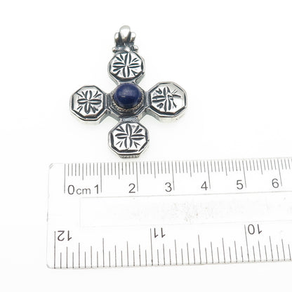 925 Sterling Silver Vintage Real Lapis Lazuli Cross Oxidized Pendant