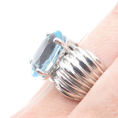 925 Sterling Silver Vintage Real Oval-Cut Blue Topaz Gem Ribbed Ring Size 8.25