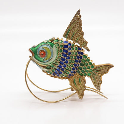 925 Sterling Silver Gold Plated Antique Enamel Articulated Chinese Koi Fish Fob
