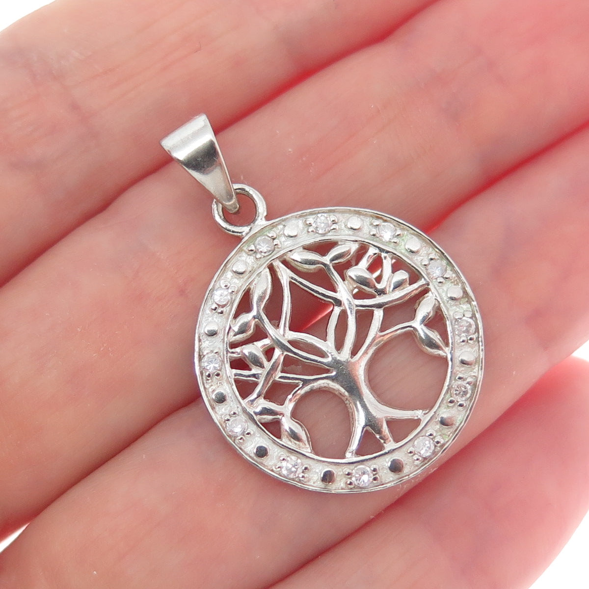 CHARLES WINSTON Sterling Silver Vintage Round-Cut C Z Tree of Life Charm Pendant