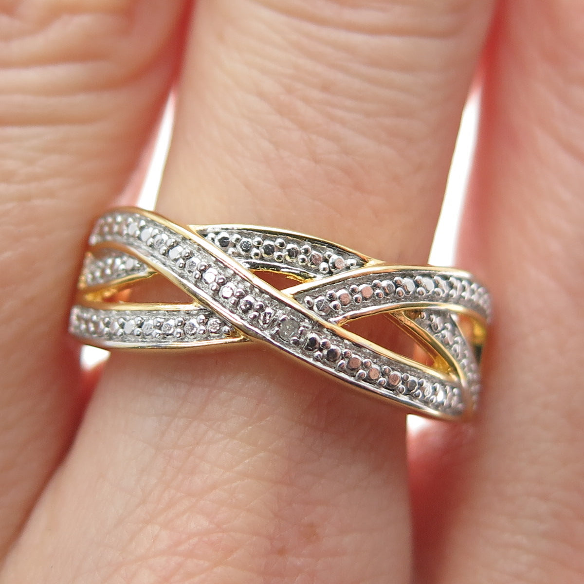 925 Sterling Silver Gold Plated Real Diamond Accent Crisscross Ring Size 9.25