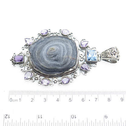 925 Sterling Silver Real Asote Druzy Amethyst Swiss Blue Topaz Gemstone Pendant