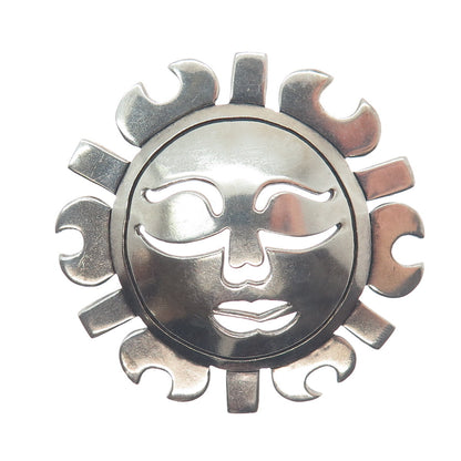 925 Sterling Silver Vintage Mexico Sun Face Oxidized Pin Brooch