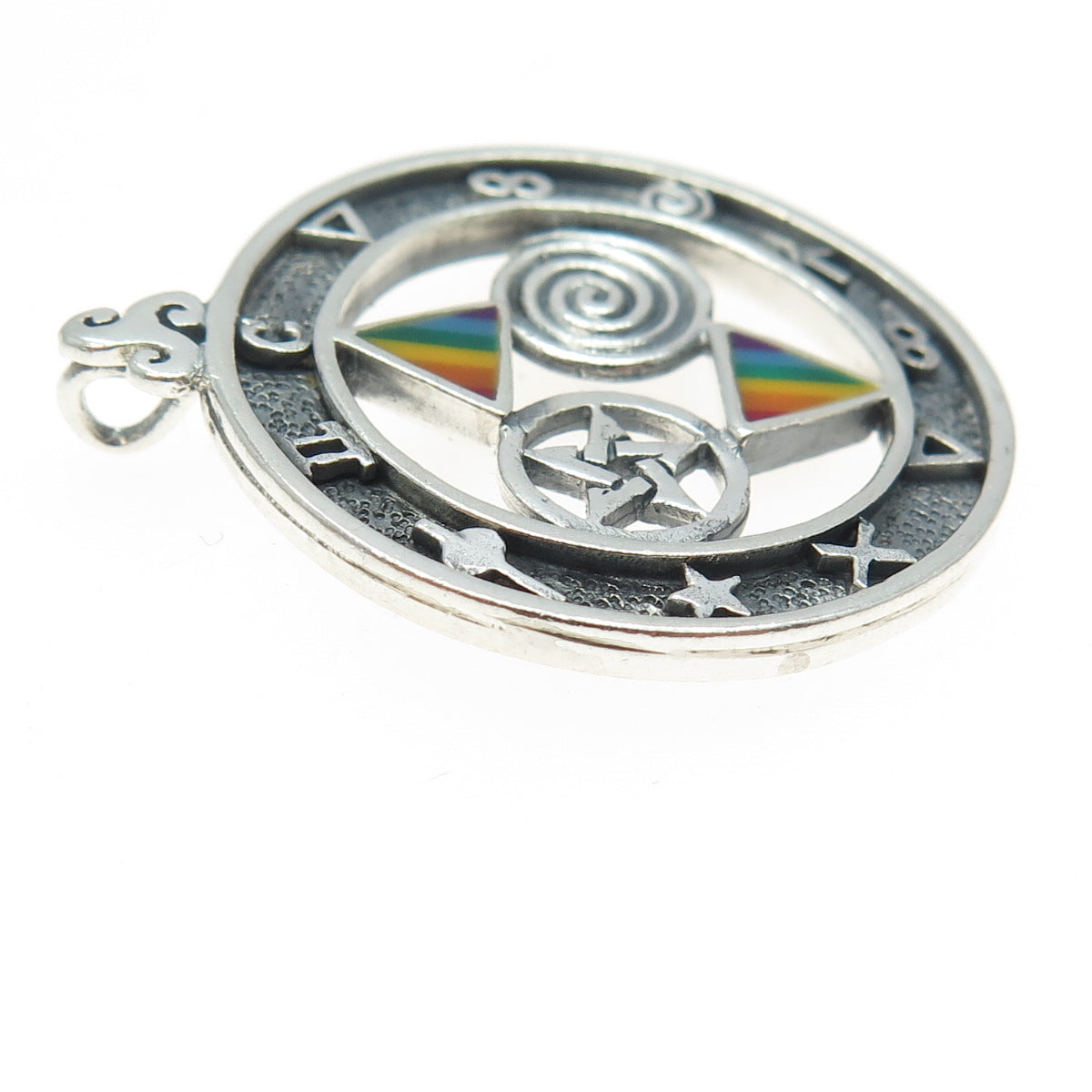 PETER STONE 925 Sterling Silver Vintage Enamel Pentagram Symbols Rainbow Pendant