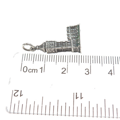 925 Sterling Silver Vintage Big Ben Oxidized Minimalist 3D Charm Pendant