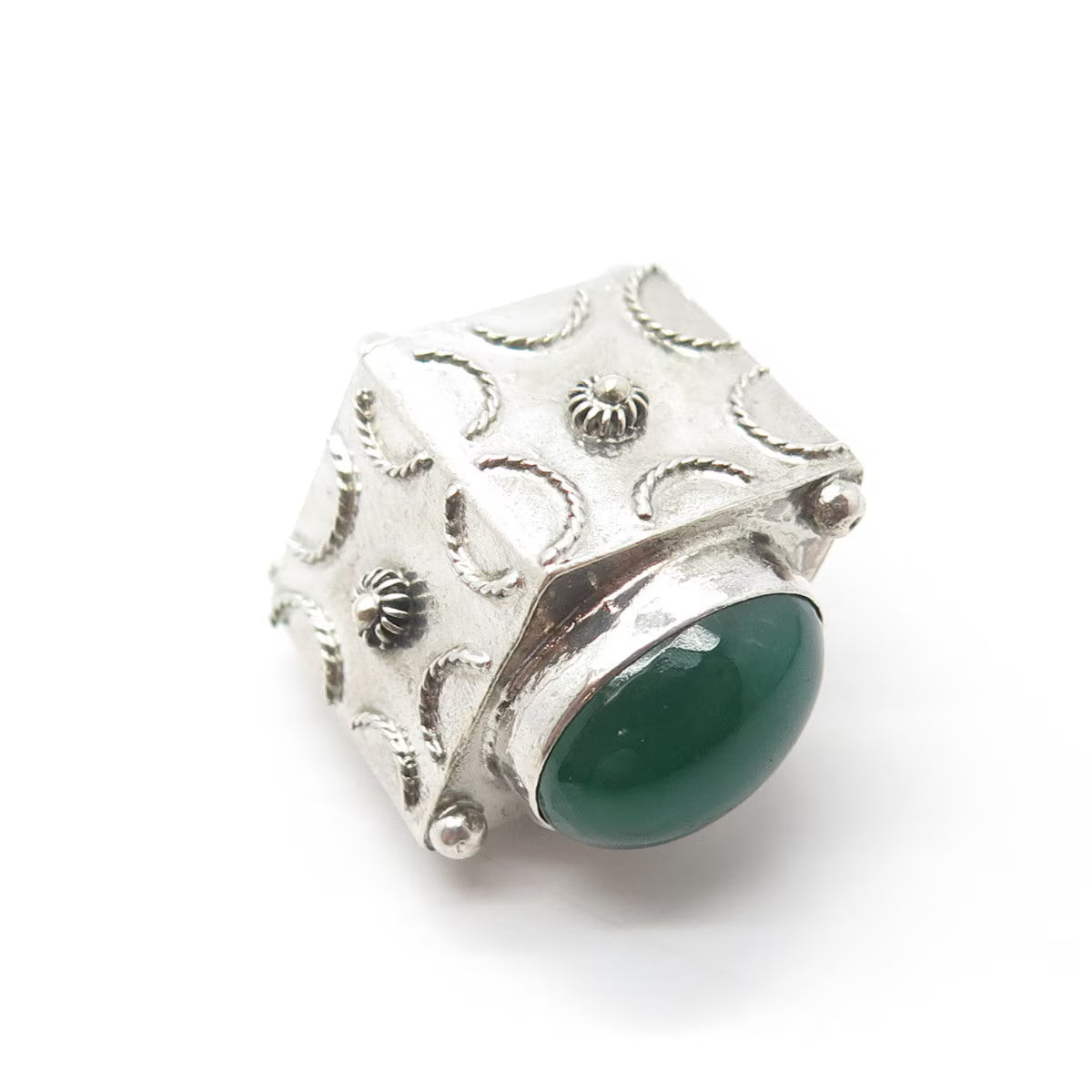 800 Silver Antique Art Deco Real Green Agate Gemstone Chatelaine Fob Pendant