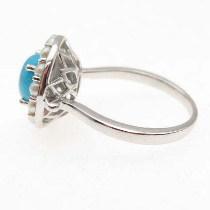 925 Sterling Silver Real Sleeping Beauty Turquoise & Pearl Ring Size 8.25