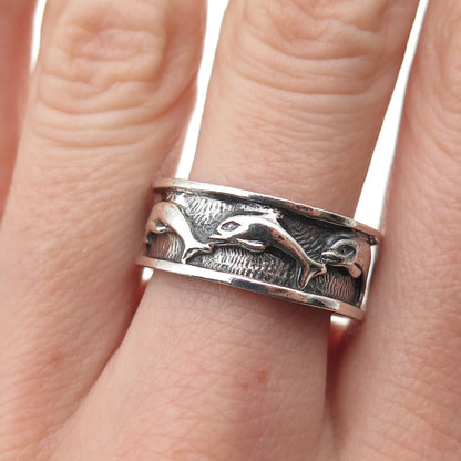 925 Sterling Silver Vintage Dolphin Oxidized Band Ring Size 8.25