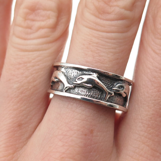 925 Sterling Silver Vintage Dolphin Oxidized Band Ring Size 8.25