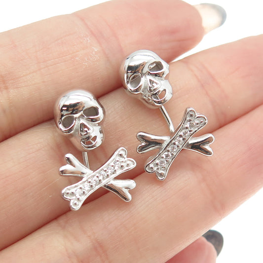 925 Sterling Silver Round-Cut C Z Stud Skull & Jacket Bones Charm Earrings