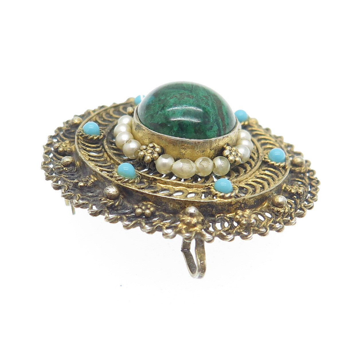 925 Sterling Gold Plated Vintage Israel Faux Pearl & Turquoise Eilat Pin Pendant