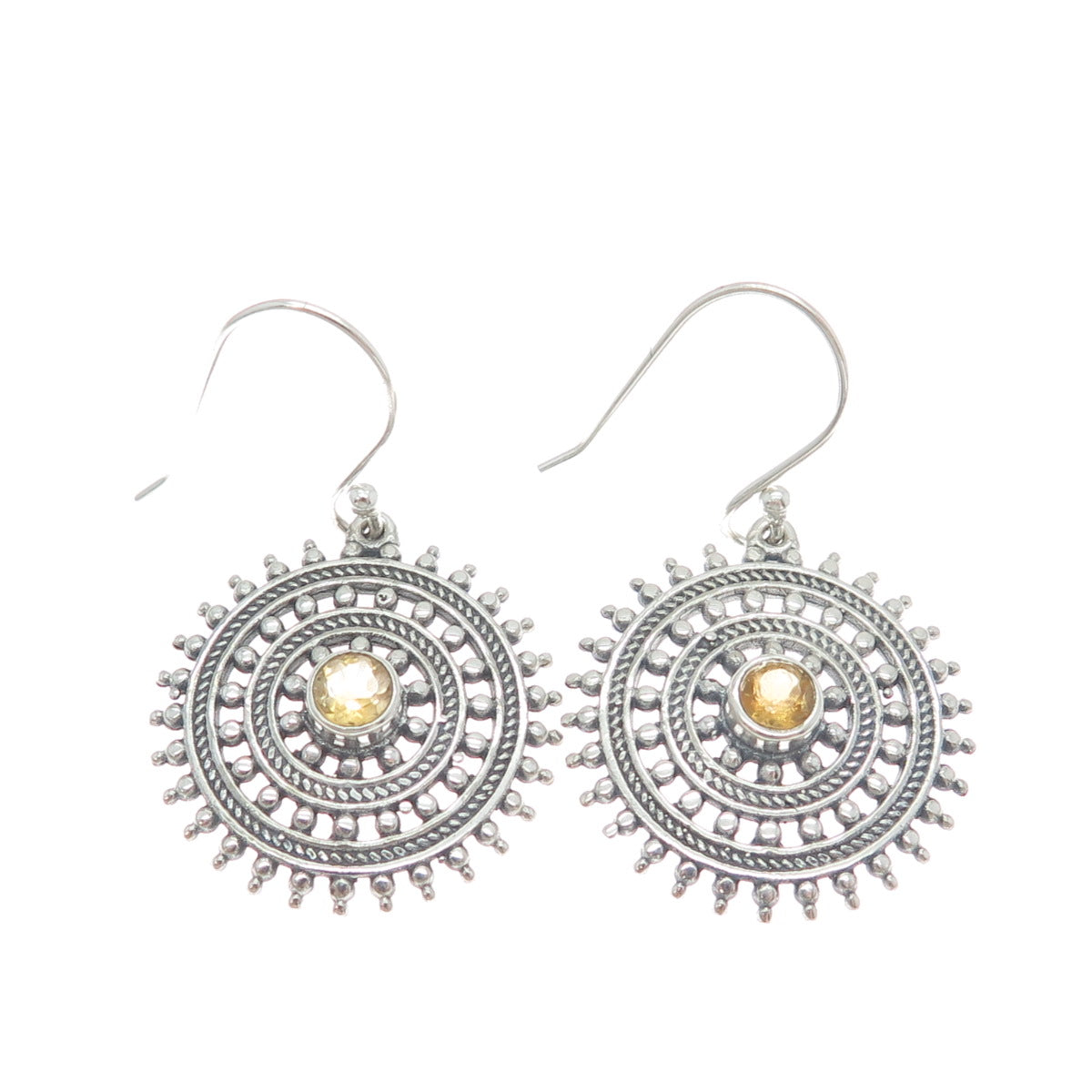 925 Sterling Silver Vintage Real Yellow Topaz Wheel of Fortune Dangle Earrings