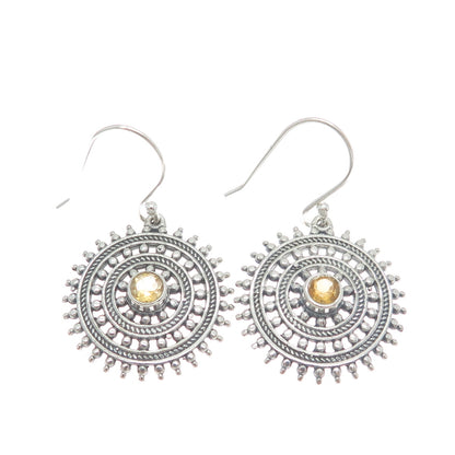 925 Sterling Silver Vintage Real Yellow Topaz Wheel of Fortune Dangle Earrings