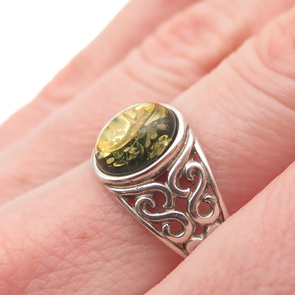GILLIE & CO. 925 Sterling Silver Vintage Real Amber Swirl Heart Ring Size 9