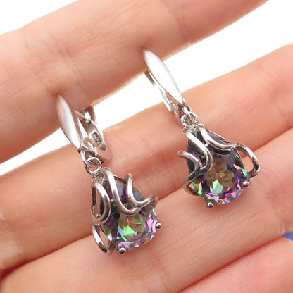 925 Sterling Silver Vintage Real Pear-Cut Mystic Quartz Teardrop Dangle Earrings