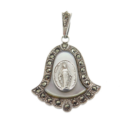 THEDA Sterling Silver Antique Art Deco Real MOP Marcasite St. Mary Bell Pendant