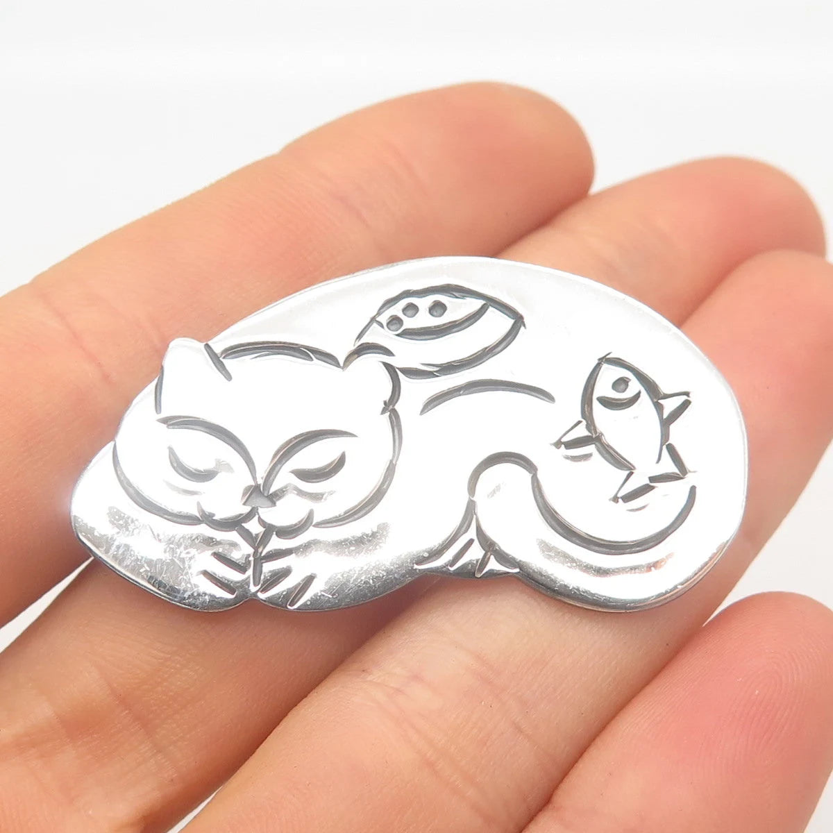 925 Sterling Silver Vintage Mexico Cat Pin Brooch / Pendant