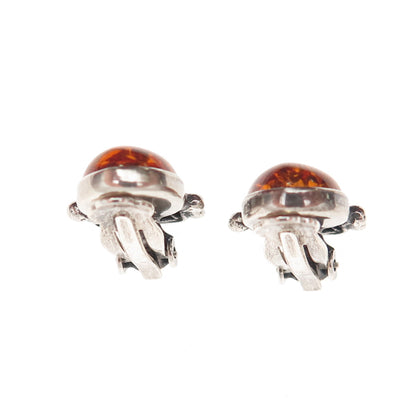 925 Sterling Silver Vintage BC Poland Real Amber Modernist Clip On Earrings